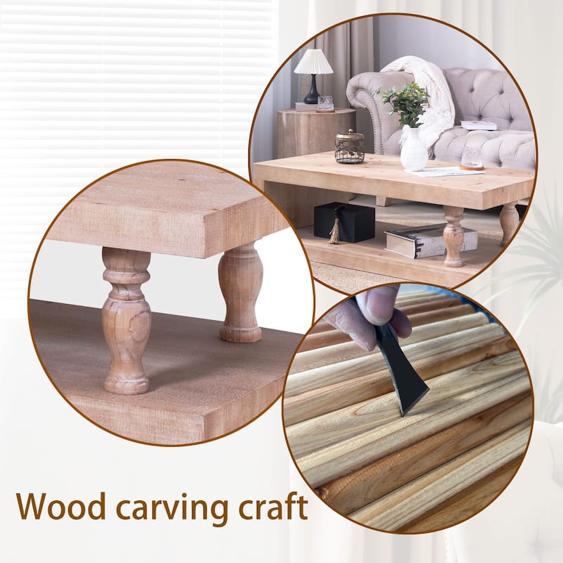 Roomfitters Rustic Coffee Table with Turned Legs, 47" Rectangular Center Table with Shelf, Engineered Wood, Natural