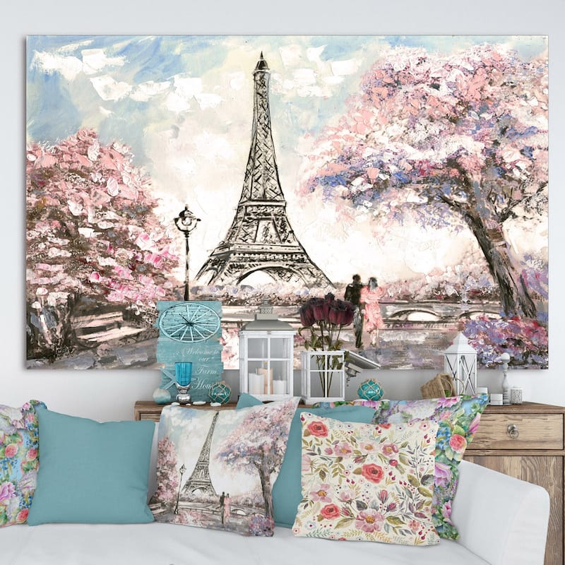 Designart Eiffel with Pink Flowers Landscape Canvas Art Print