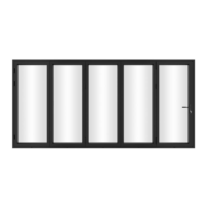 KaMic 168"×96" 5 Panels Aluminum Folding Door In Black,Folded Out From Right To Left Model #:FD5PBK16896-RL