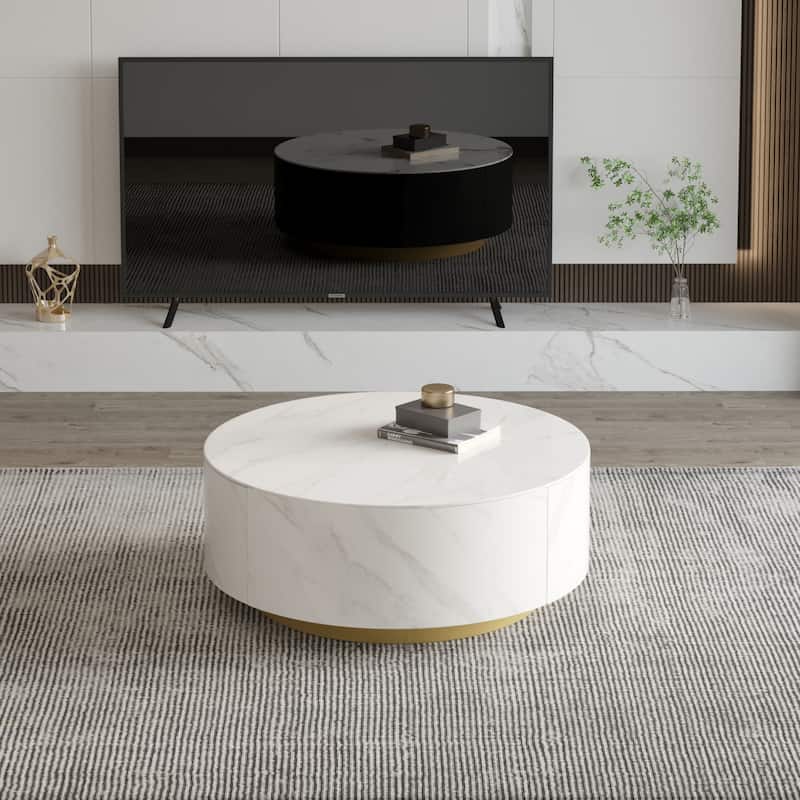 Faux Marble Top Round Modern Coffee Table with 2 Drawers - White