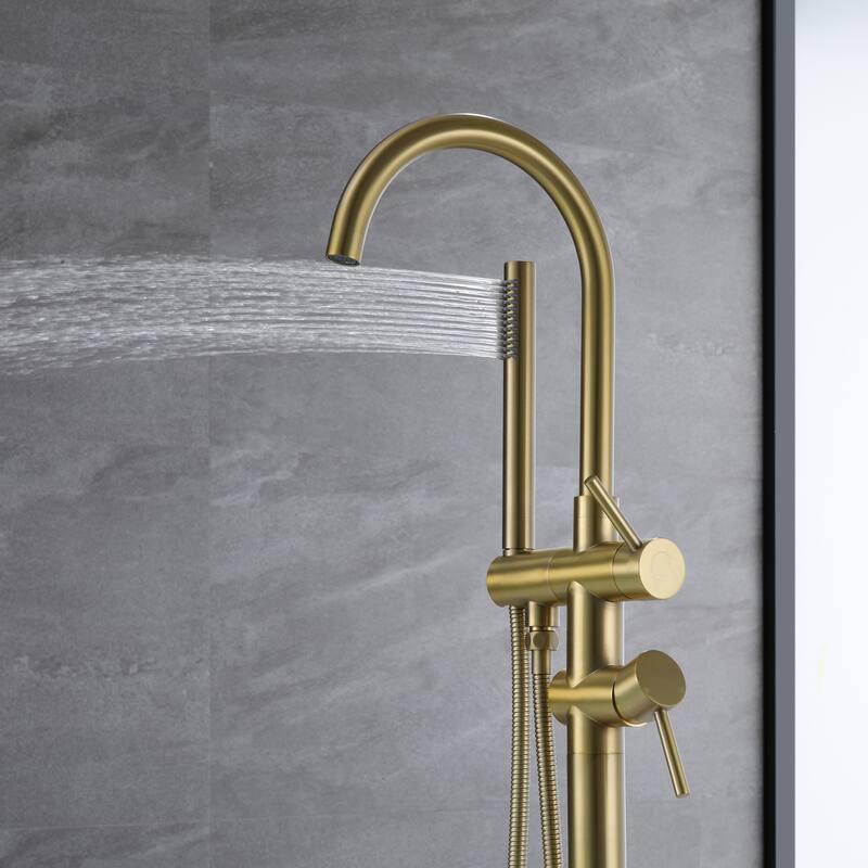 45''H White / Gold Freestanding Bathtub Faucet with Handheld Sprayer