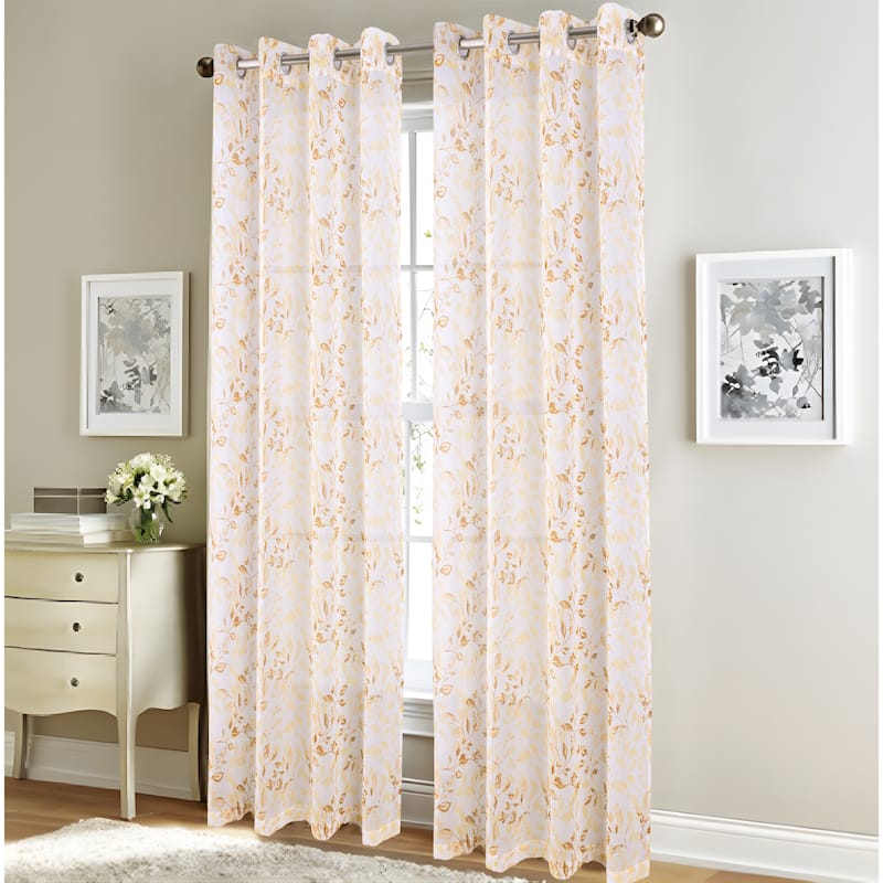 Taylor Leaves Metallic Window Curtain 84" or 95" - 95 Inches - Gold