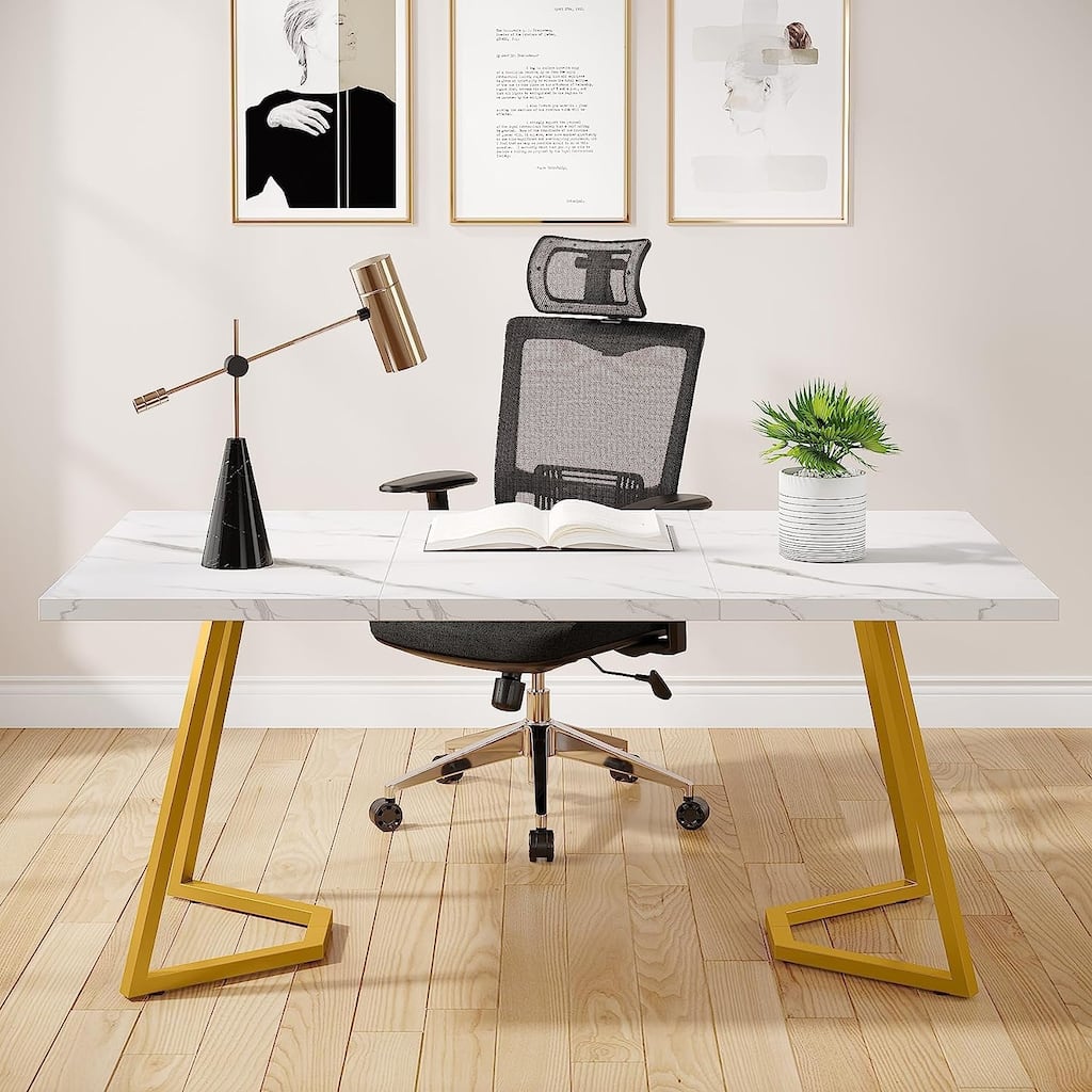 Home Office Computer Desk, White Gold 55 In Faux Marble Executive Desk