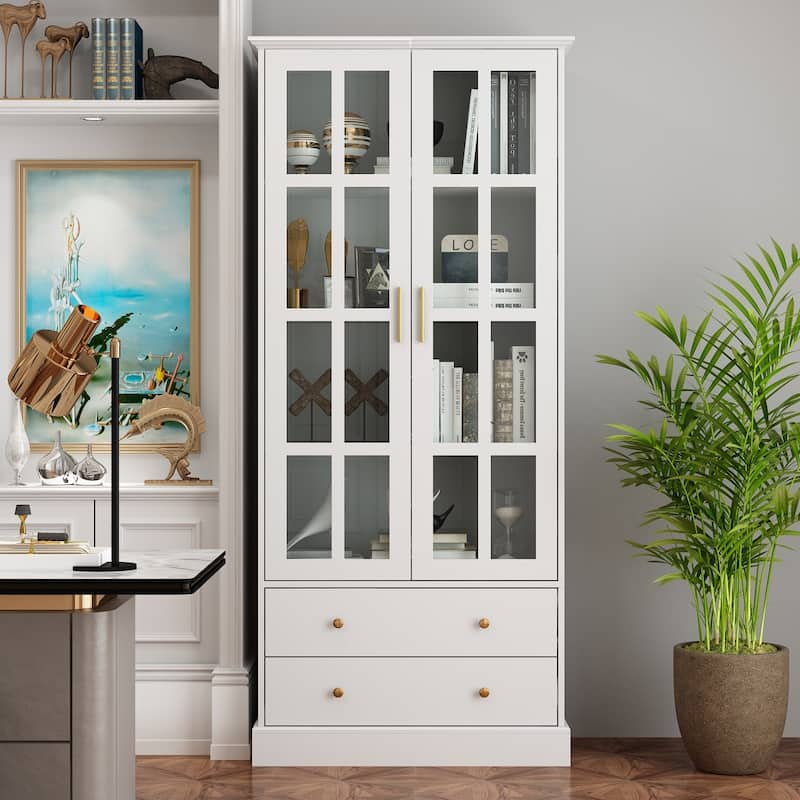 Glass Display Cabinet with 4 Shelves, 2 Doors Curio Cabinets Pantry - 31.5"Wx70.1"H