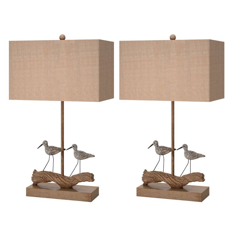 30-Inch Set of 2 Brown Coastal Bird Table Lamps with Linen Shade and Driftwood Base 3-Way Switch - 29.75”H x 11.5”W x 4.75”D