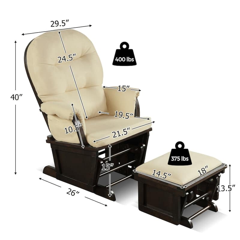 Wood Baby Glider and Ottoman Cushion Set with Padded Armrests for Nursing - 29.5" x 26" x 40"