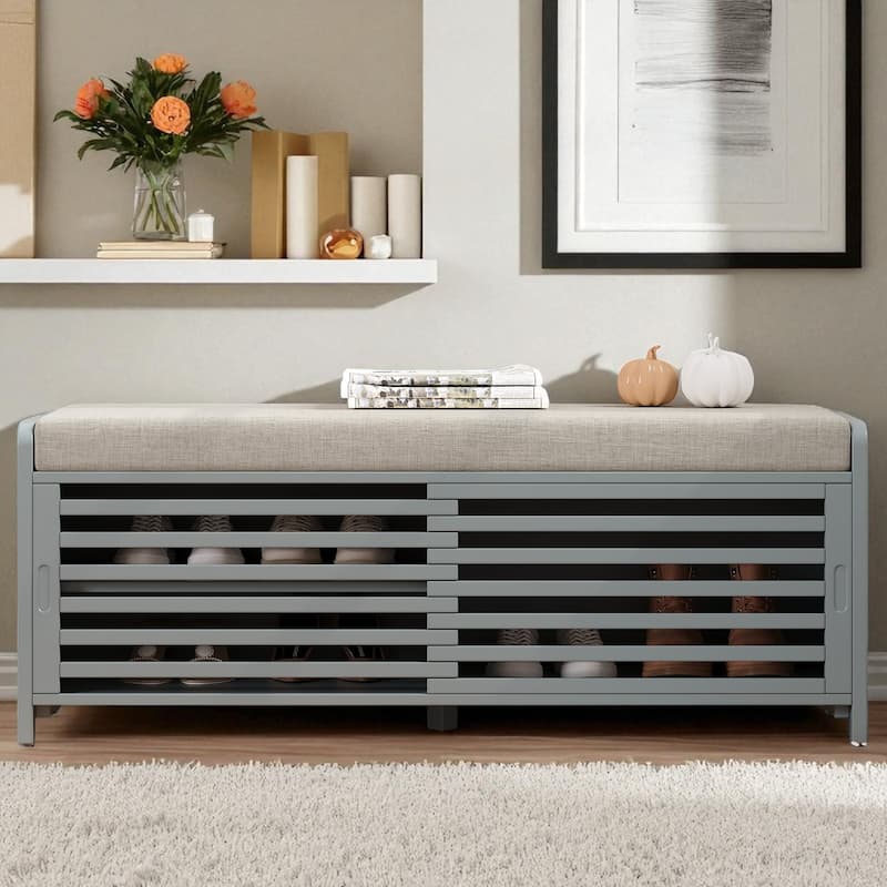 Distressed Shutter Shoe Bench with Cushion, Entryway Storage Bench with Sliding Door & Shelves, 43.3" Wide - Grey