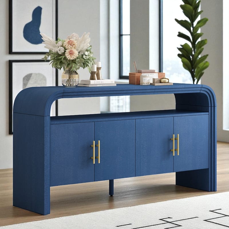 59" Fir Veneer Console Sideboard with Textured Finish and Central Support, Entryway Hallway Buffet Cabinet