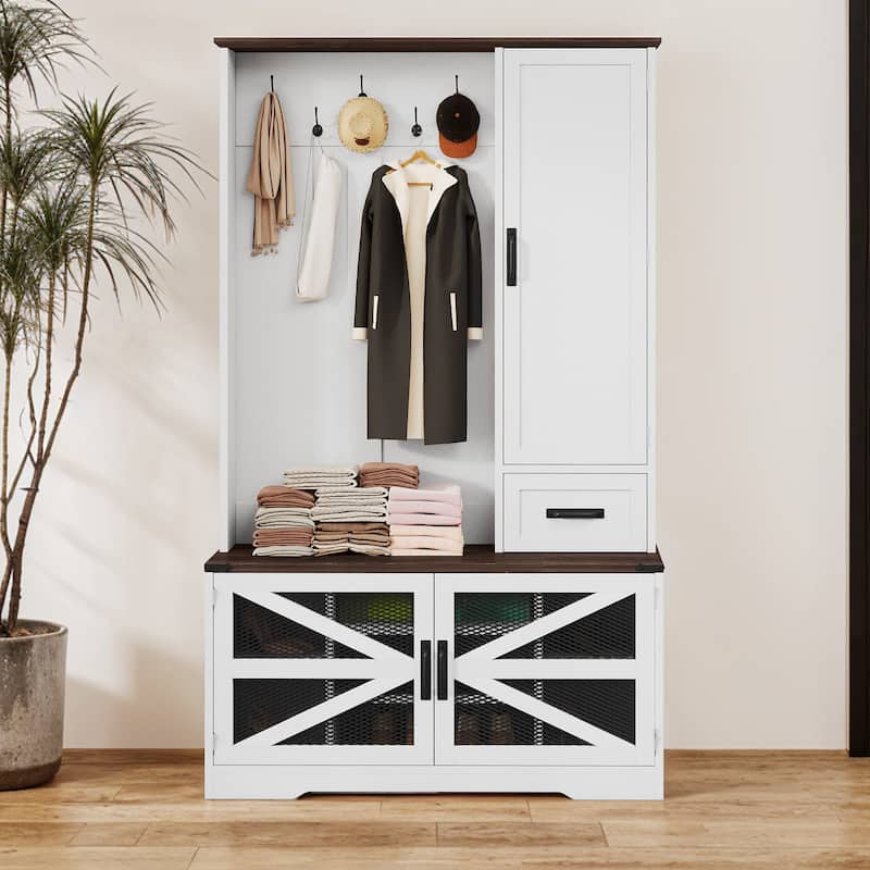Moasis Farmhouse Hall Tree with Flip-Up Storage Bench Coat Rack for Hallway - White/43"W