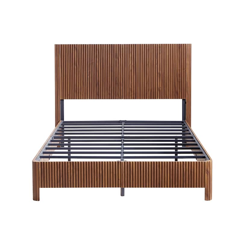 Low Profile Platform Bed, Wooden Corrugated Curved Lines Headboard Wingback Bed, Metal Slat Support Bed Frame