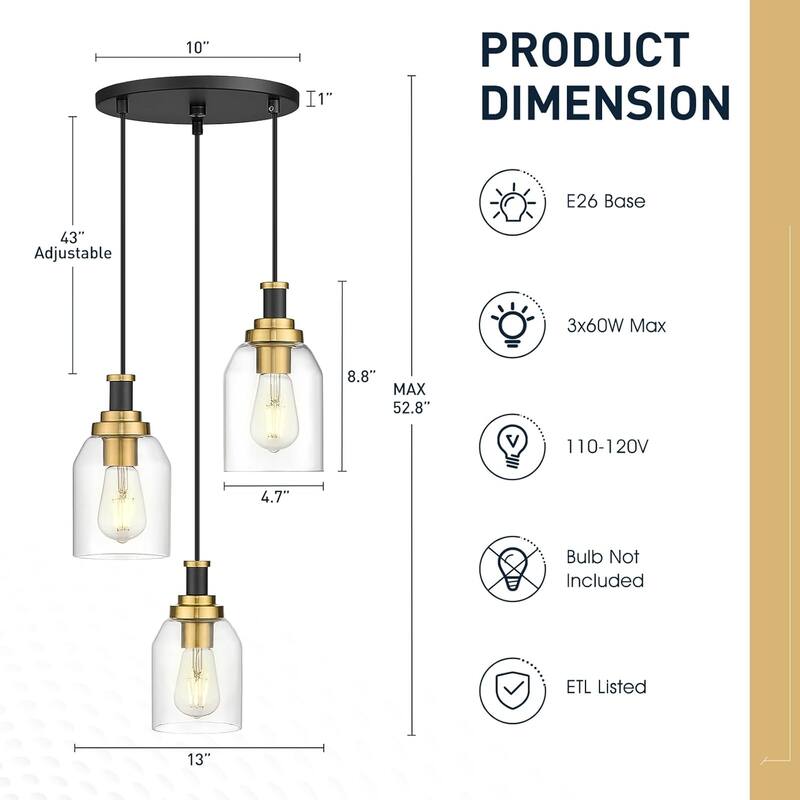 3-light pendant light black & gold hanging lamp glass, metal corridor light