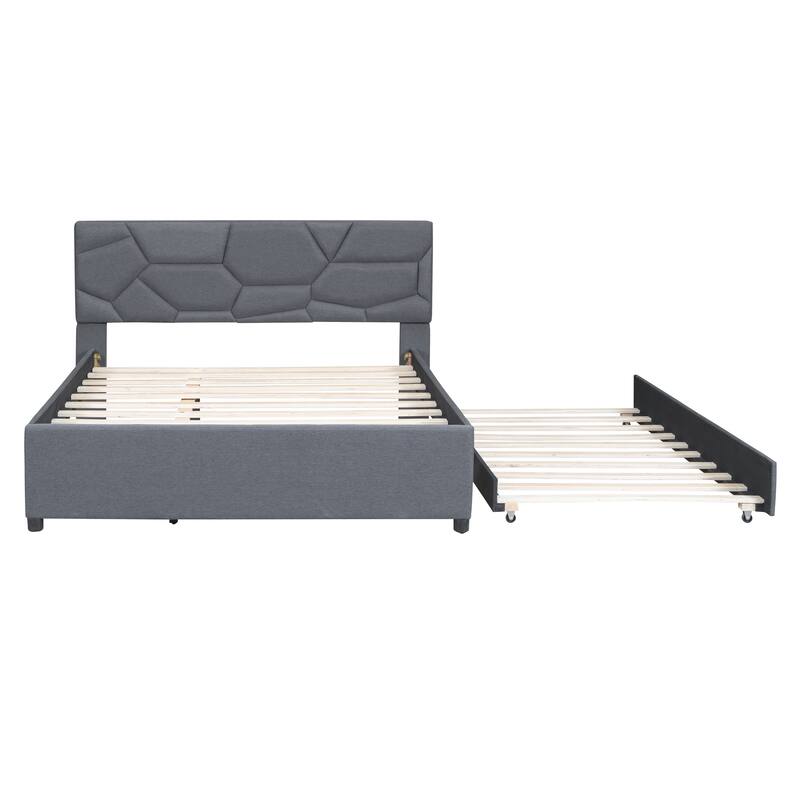 Linen Upholstered Platform Bed Frame with Trundle and Brick Pattern Headboard
