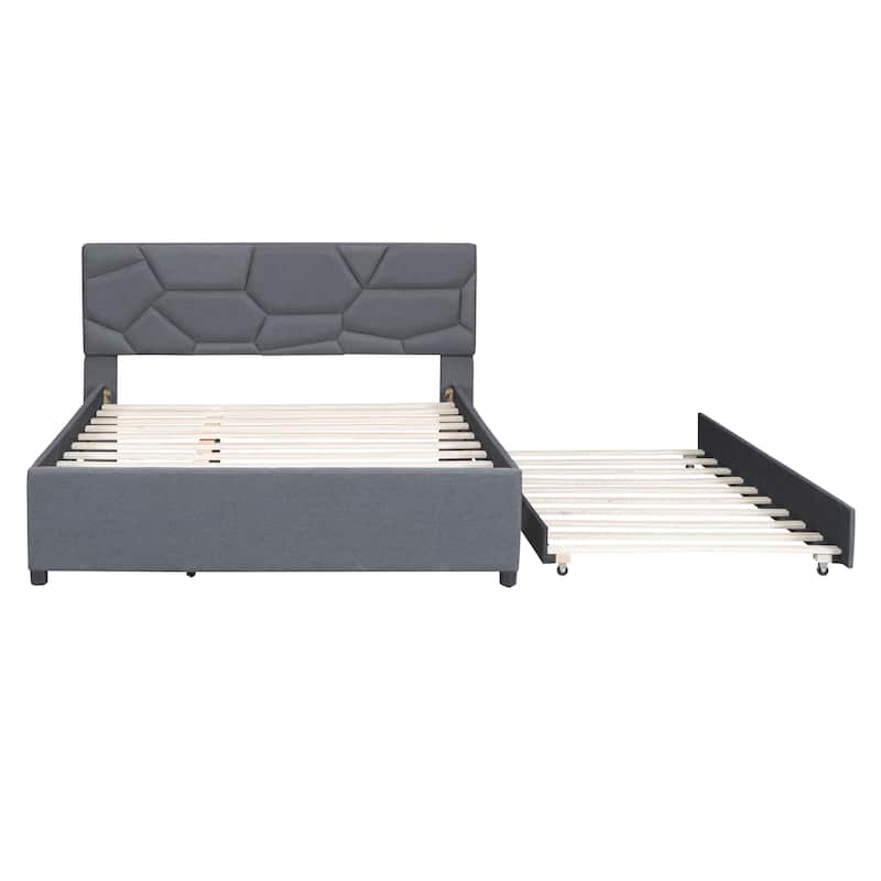 Upholstered Platform Bed with Brick Pattern Headboard and Trundle, Linen Fabric