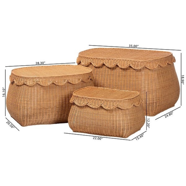 Ayleen Natural Rattan Basket Set with Scalloped Lids - Handwoven Wicker Storage Boxes, Boho Coastal Home Décor, 3-Piece Set