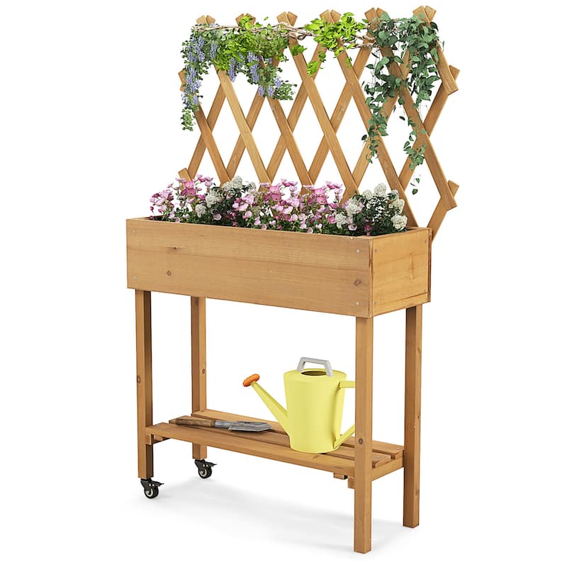 Raised Garden Bed with Trellis Wood Elevated Planter Bed with Legs - Natural