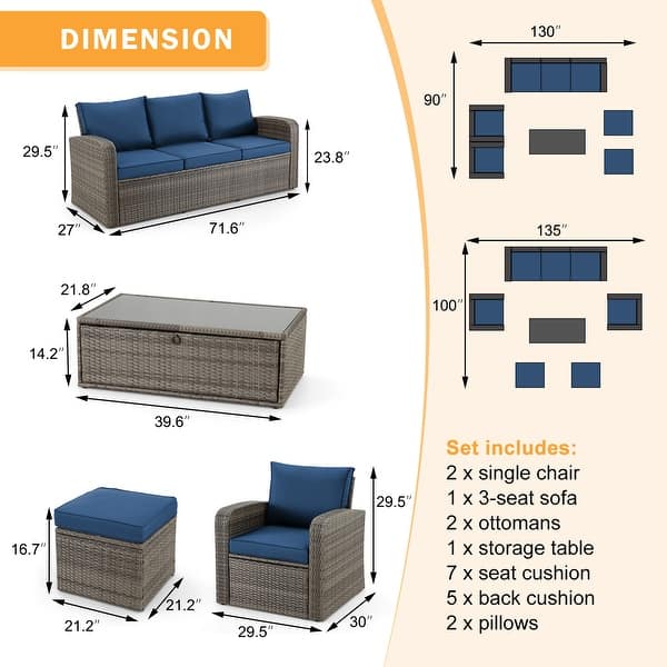 dimension image slide 4 of 6, EROMMY 6/7 Piece Modular Outdoor Rattan Sofa Set, All-Weather Wicker Patio Furniture with Storage Table, Cushions & Pillows
