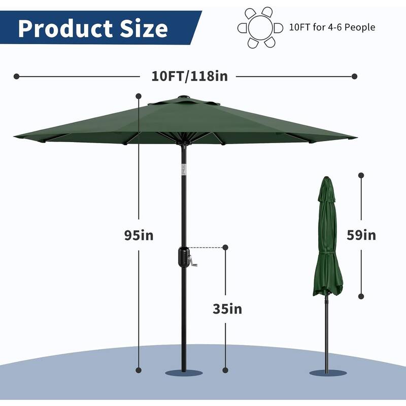 10Ft Patio Umbrella - 8 Sturdy Ribs Outdoor Table Umbrella with Crank Lift & Push Button Tilt