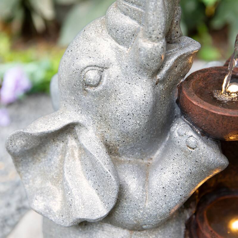 Glitzhome 4-Tiered Dogs or Elephant and Pot Polyresin Outdoor Fountain with Pump and LED Light