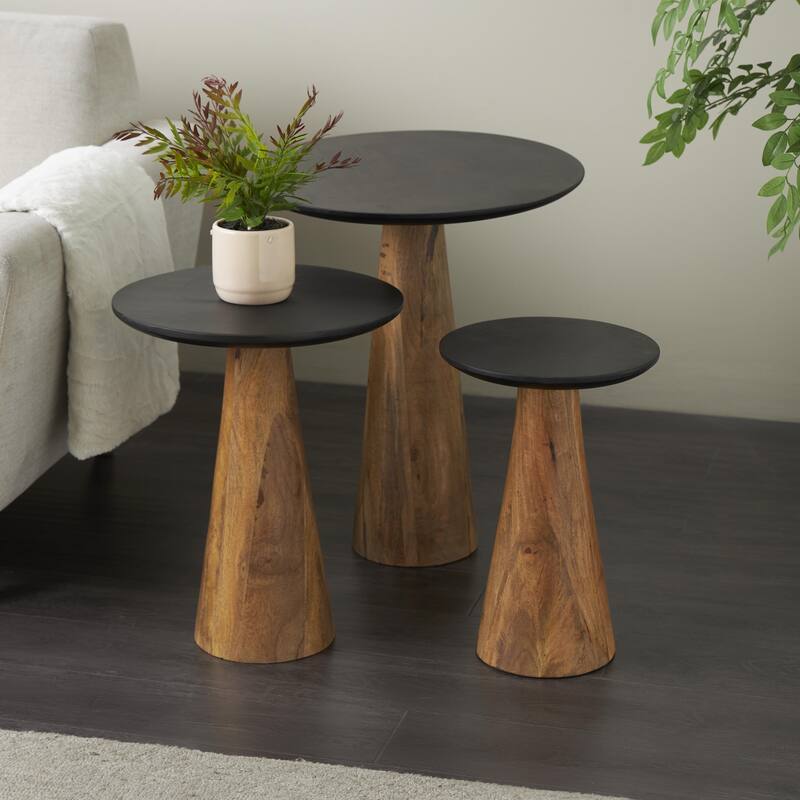 Mango Wood Handmade Cone Shaped Accent Table with Black Tabletops - Set of 3 Brown - Roche River Decor