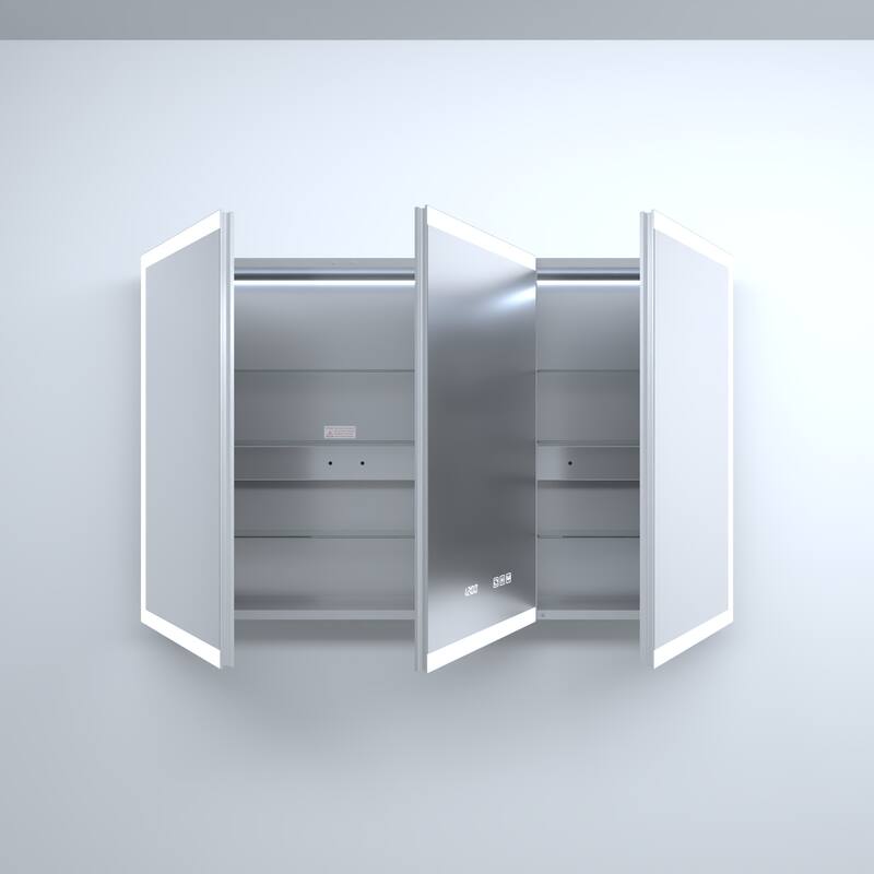 Rectangular Aluminum Recessed/Surface Mount Medicine Cabinet in Silver with Mirror LED and Clock