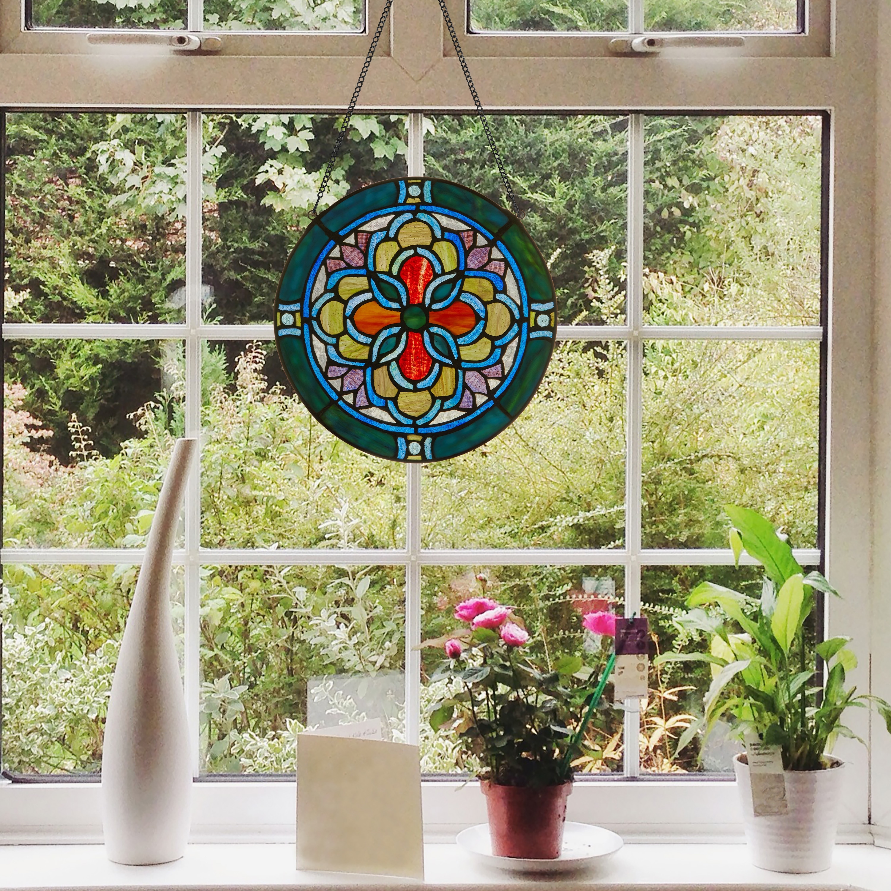 River of Goods Geometric Teal and Yellow Tiffany-Style Stained Glass Round Window Panel - 12" x 0.25" x 12"
