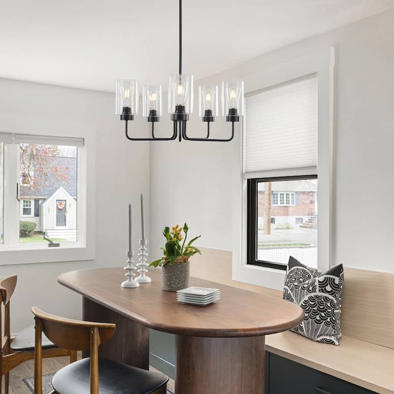 5-Light Hanging Linear Chandelier Lighting Fixture Foyer Pendant with Glass Shade for Kitchen Island