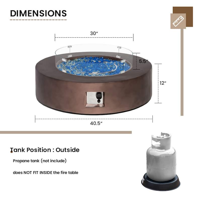 SUNBURY 42''Round Propane Fire Pit w Wind Guard and Fire Glass