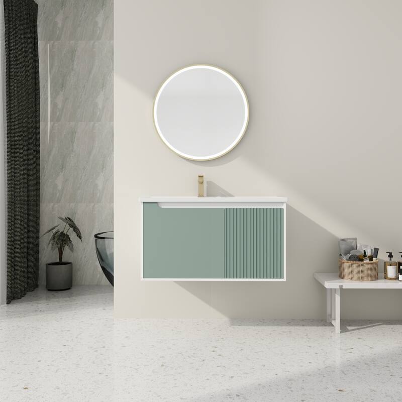 35.6-Inch Modern Floating Vanity with Eco-Friendly Plywood Base and Durable Ceramic Basin - 35.6in L - Mint Green