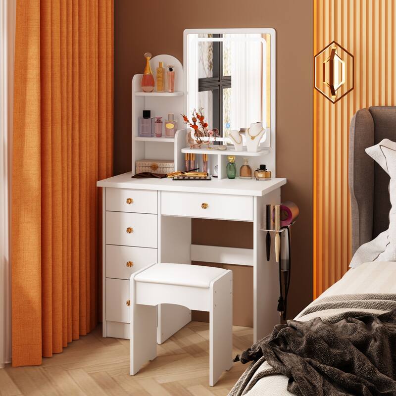 Vanity Set with Stool, Lighted Mirror, Outlets,Makeup Table Dressing - 31.5"W