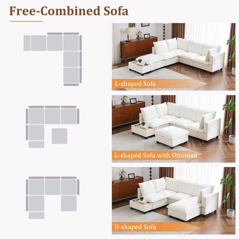 U-Shaped Sectional Sofa with Ottoman, Coffee Table with Hidden Charging Devices, Oversized Chenille Upholstered Cloud Sofa