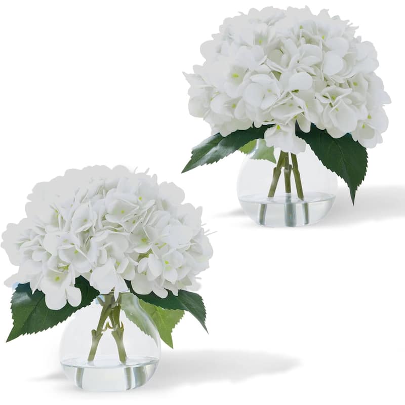 2 Pack Artificial Hydrangea Flowers in Glass Vase with Faux Water for Home Decor - 2 pcs - White