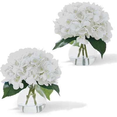 2 Pack Artificial Hydrangea Flowers in Glass Vase with Faux Water for Home Decor - 2 pcs