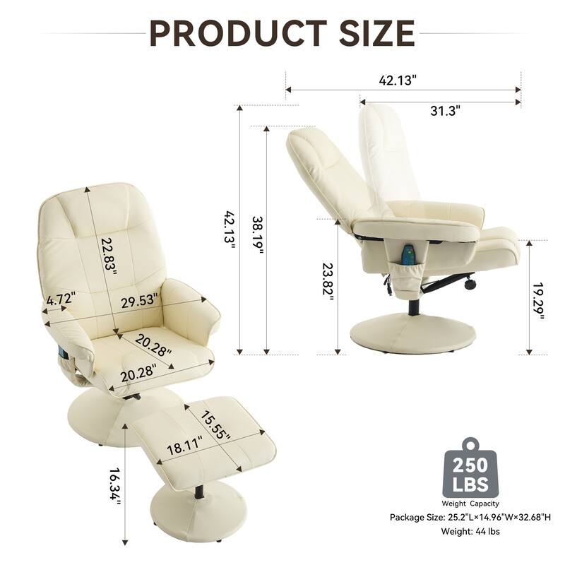 PU Leather Recliner with Ottoman, 360° Swivel Lounge Chair Featuring 5-Point Vibration, Heated Seat & 140° Adjustable Backrest