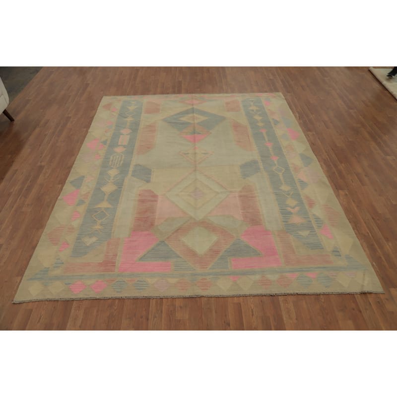 Hand Woven Oriental 100% Wool Carpet Southwestern Tribal Multi-Colored Kilim Area Rug - 9' 10'' X 7' 11''