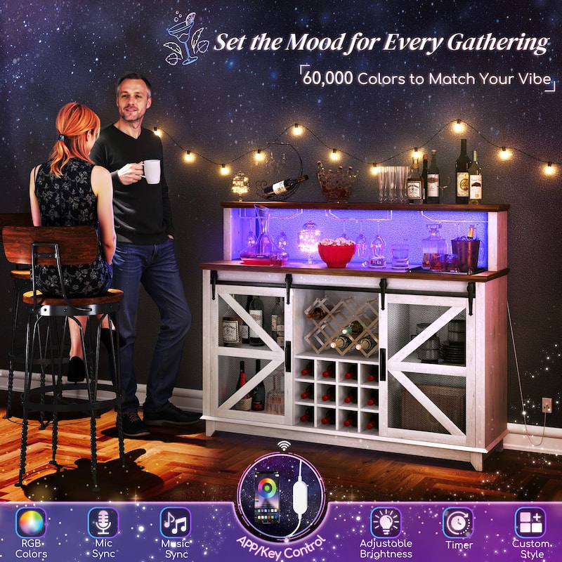Farmhouse Coffee Bar Cabinet with LED Lights Wine Rack Glass Holders and Sliding Barn Doors - 55.1" W x 15.7" D x 44.1" H