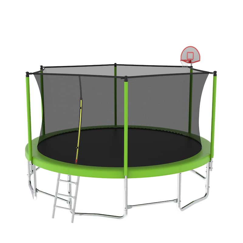 16FT ASTM Approved Outdoor Trampoline with Balance Bar, Basketball Hoop & Ball - Reinforced with Enclosure Net