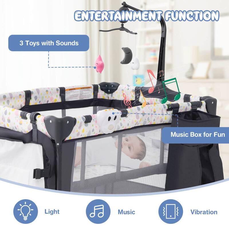 Costway Portable Baby Playard Nursery Center Crib with Hanging Toys & - See Details