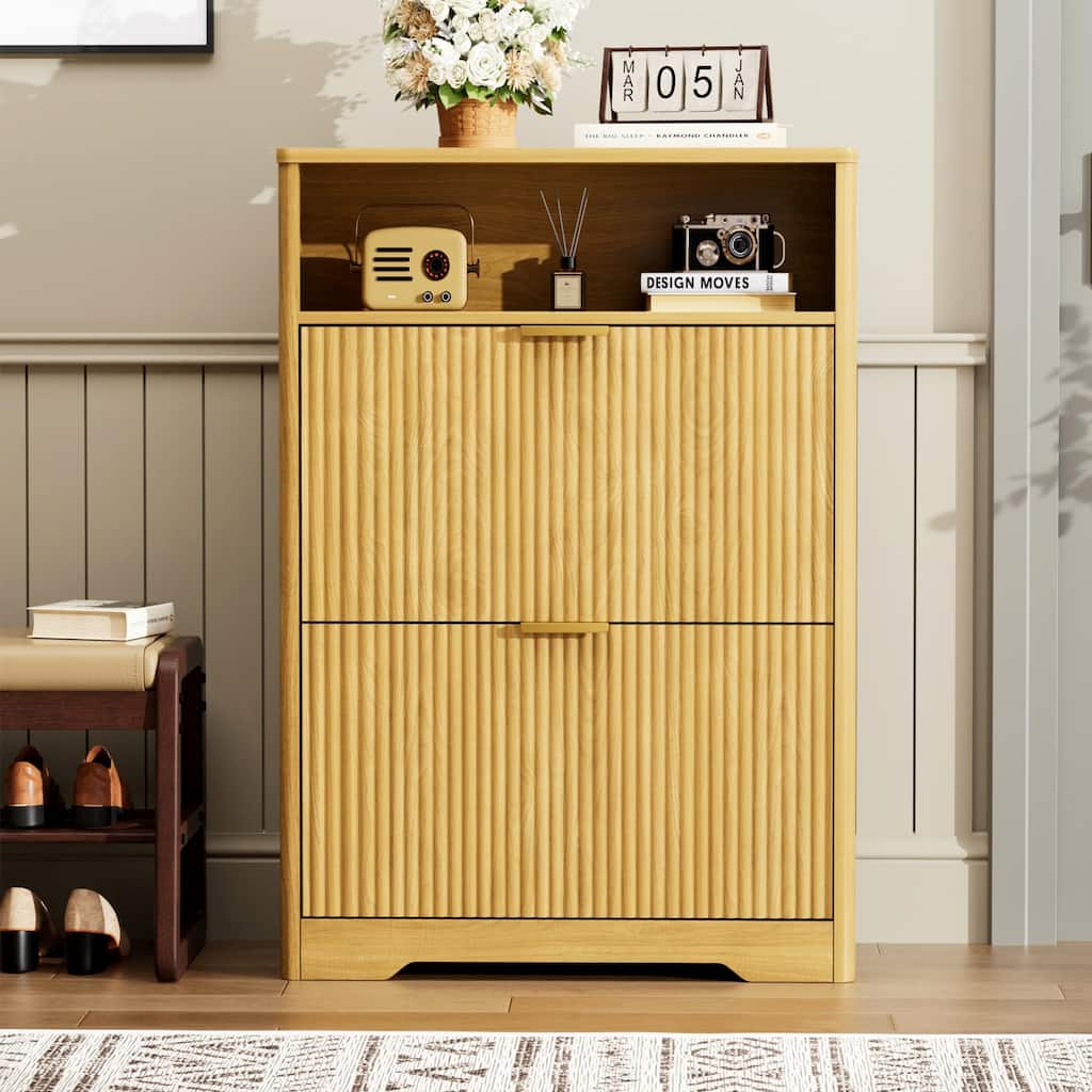 Shoe Cabinet with 2 Flip Drawers, Hidden Shoe Storage Cabinet with Wave-Patterned Panel, Free Standing Entryway Shoe Organizer