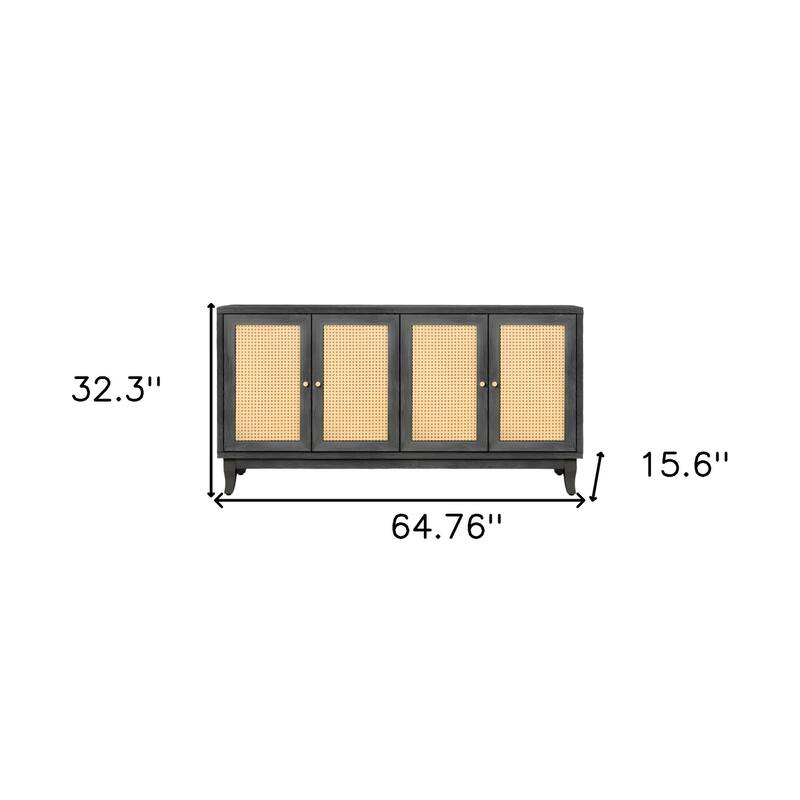 HomeRoots 65" Charcoal and Natural Wood and Rattan Sideboard with Four Doors - 64.76' X '32.3' X '15.6