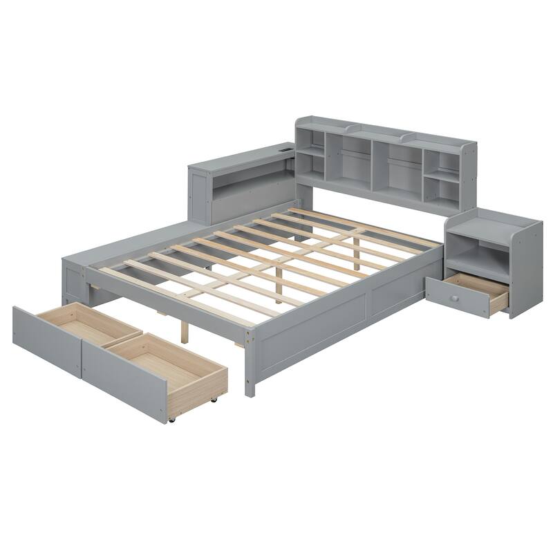 Full Size Wooden Platform Bed with Storage Headboard, Integrated Desk, Nightstand, and USB Ports for Modern Living