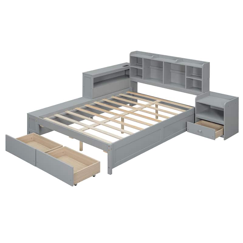 Solid Pine Full Bed Frame, Full Size Wooden Platform Bed with Storage Headboard, 2 Drawers, Nightstand, Desk and USB Ports