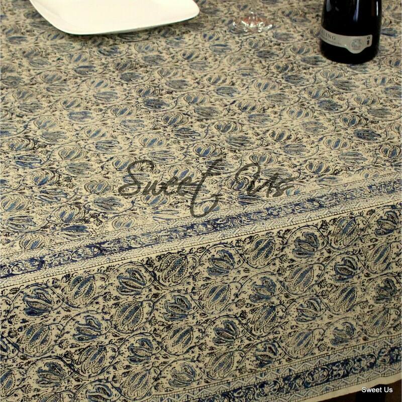 Cotton Vegetable Dye Block Print Rustic Vintage Floral Tablecloth