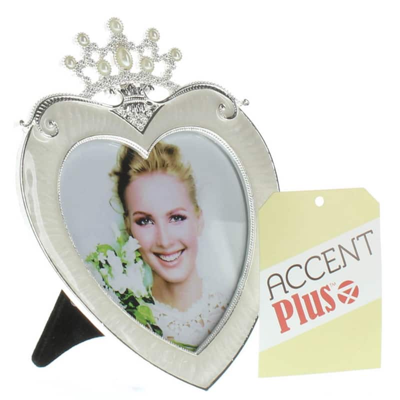 7" Silver and White Contemporary Crown Heart Photo Frame