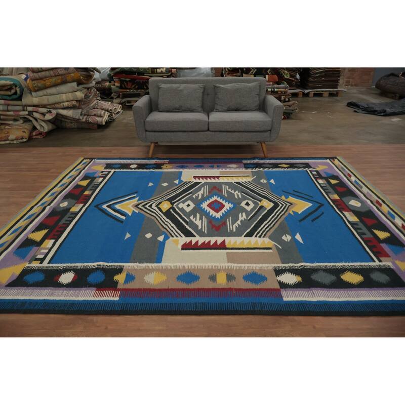 Hand Woven Oriental 100% Wool Carpet Southwestern Tribal Navy Blue & Blues Kilim Area Rug - 10' 1'' X 8' 2''