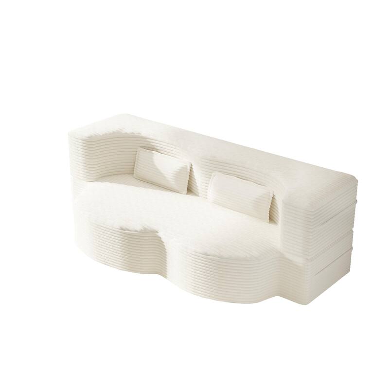 Modern Floor Sofa Bed, Convertible Corduroy Sleeper Couch Folding Loveseat with 2 Pillows