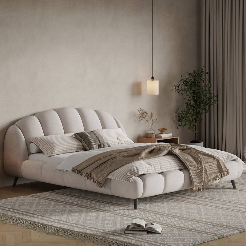 King Size Chenille Upholstered Platform Bed Shell-Shape Design Beds - Beige