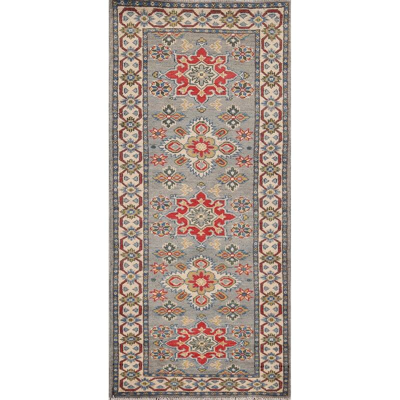 Kazak Oriental Runner Rug Hand-Knotted Grey Wool Carpet - 2'2" x 5'11"