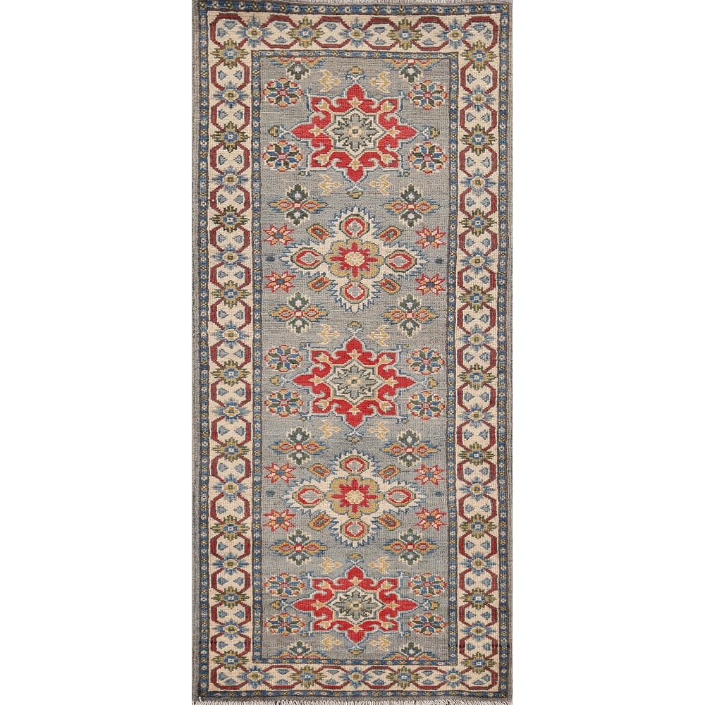 Kazak Oriental Runner Rug Hand-Knotted Grey Wool Carpet - 2'2" x 5'11"