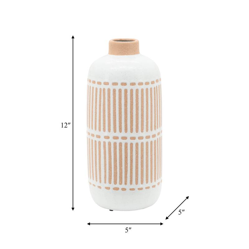 Ceramic Round Patterned Table Flower Vase - Ivory