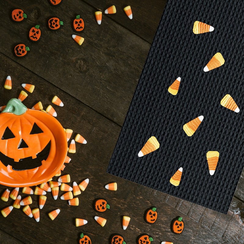 Candy Corn Halloween Embroidered Cotton Waffle Weave Kitchen Towel Set of 2